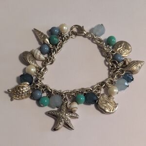 Silver Blue and Turquoise Nautical Shell Fish Beaded Turtle Charm Bracelet